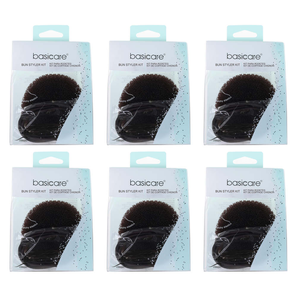 Basicare Bun Styler Kit Brown S M Bundle of 6 Hair Elastic Bobby Pins