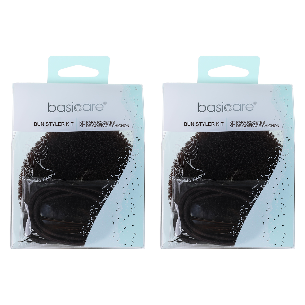 Basicare Bun Styler Kit Brown M/L Hair Elastic Bobby Pins Secure Hold x2