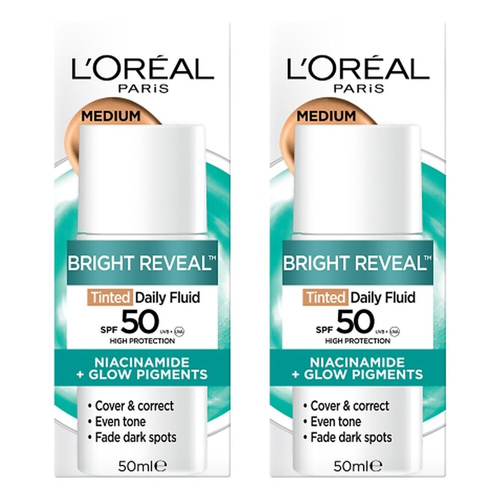 L'Oreal Paris Bright Reveal Tinted Daily Fluid SPF 50 Medium 50mL Pack of 2