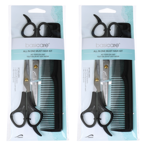 Basicare 3 Piece Haircutting Kit Bundle of 2 Scissors Thinning Shears Comb