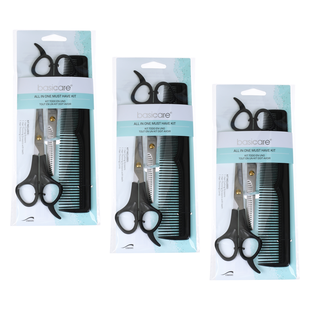 Basicare Bundle of 3 Haircutting Kit Scissors Thinning Shears Comb Set