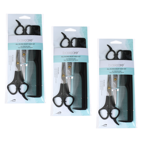 Basicare Bundle of 3 Haircutting Kit Scissors Thinning Shears Comb Set