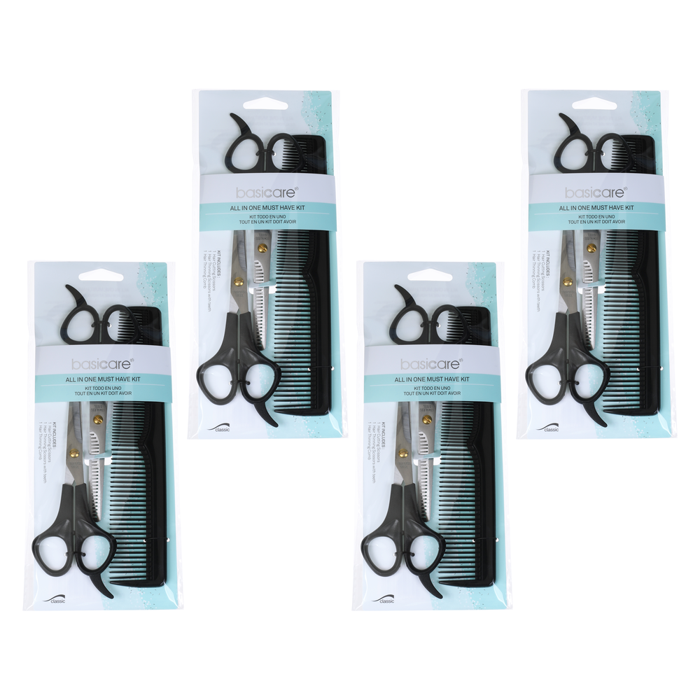 Basicare 3 Piece Haircutting Kit Bundle of 4 Scissors Thinning Shears Comb