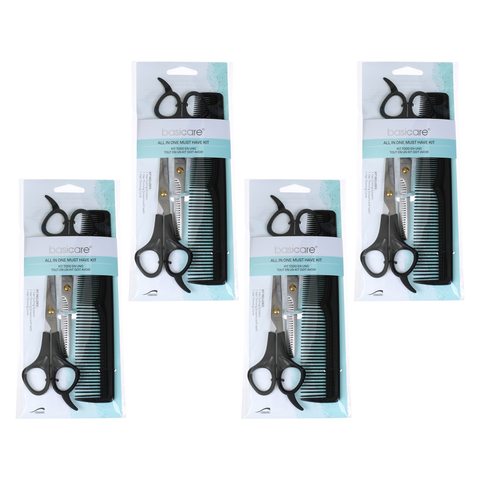 Basicare 3 Piece Haircutting Kit Bundle of 4 Scissors Thinning Shears Comb