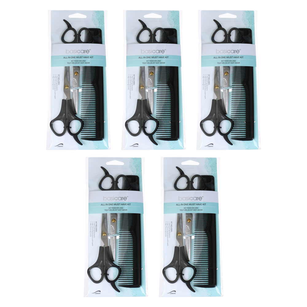 Basicare 5 Pack Haircutting Kit Scissors Thinning Shears and Comb Set