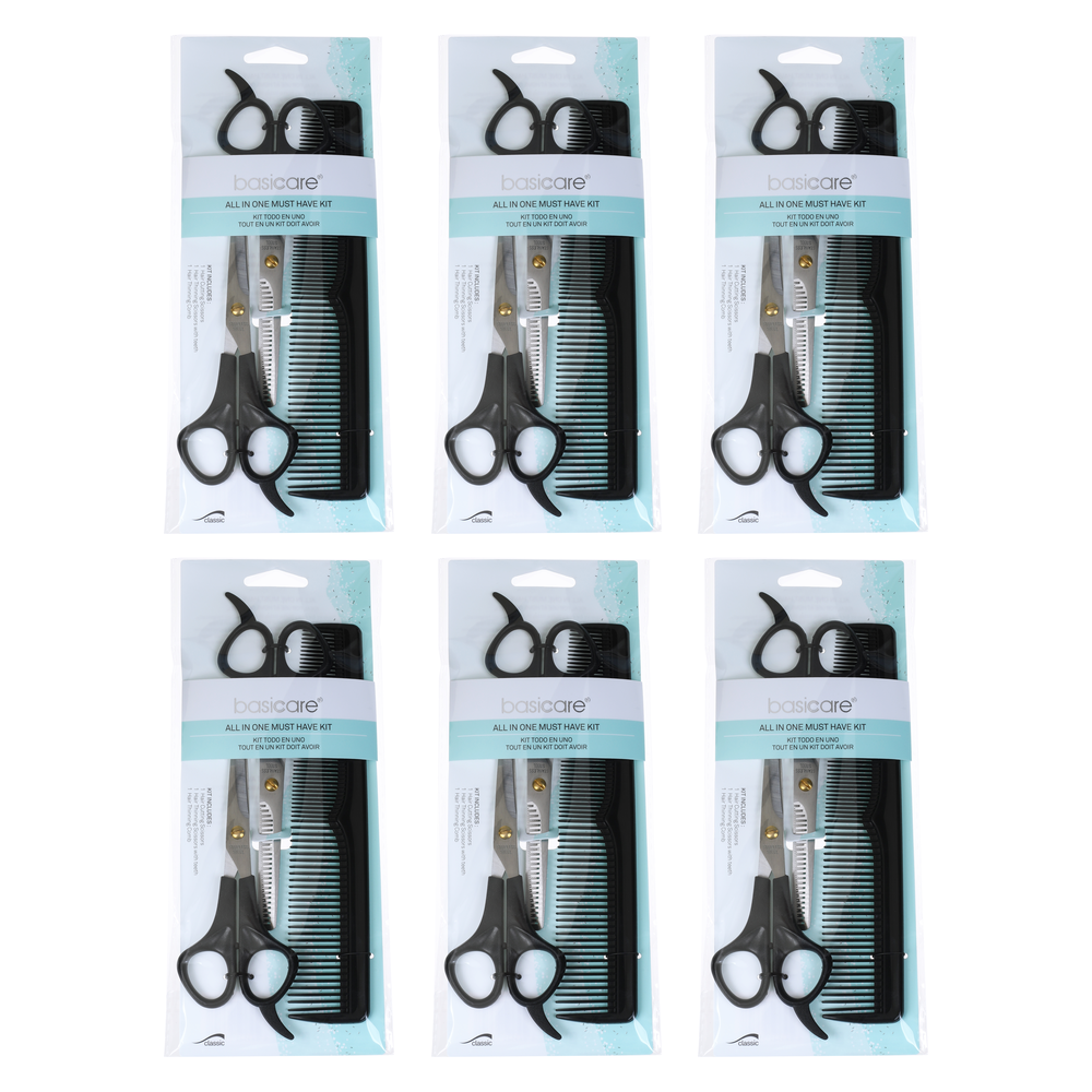 Basicare 3 Piece Haircutting Kit Bundle of 6 Scissors Thinning Shears Comb