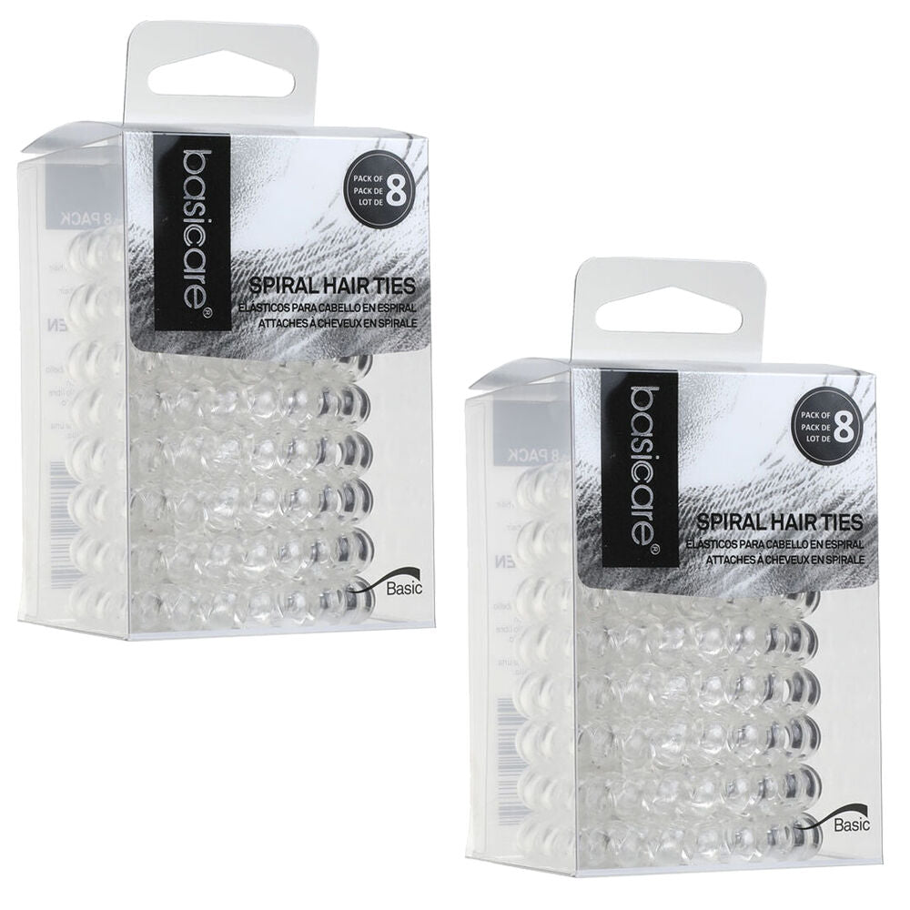 Basicare Clear Spiral Hair Elastic 8 Pack No Damage Strong Hold Bands x 2