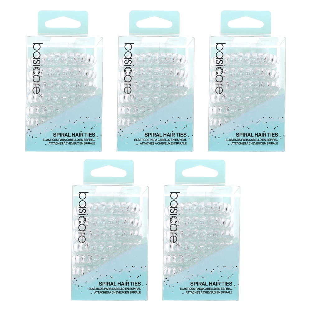 Basicare Clear Spiral Hair Elastics Bundle of 5 No Damage Strong Hold