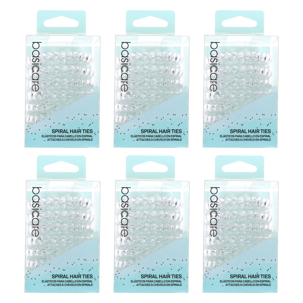 Basicare Clear Spiral Hair Elastics 6 Pack No Damage Strong Hold Bands