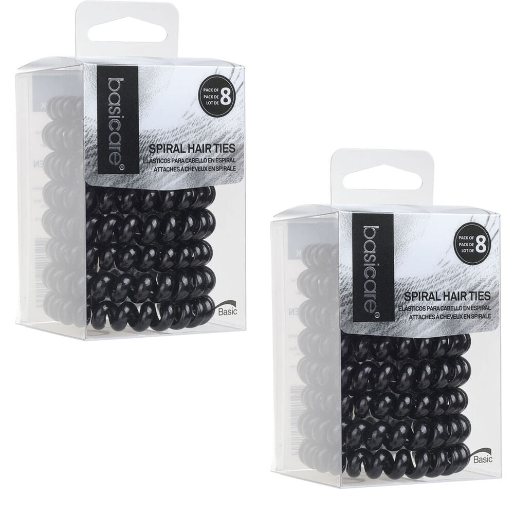 Basicare Black Spiral Hair Elastic 8 Pack No Damage Durable Hair Bands x 2