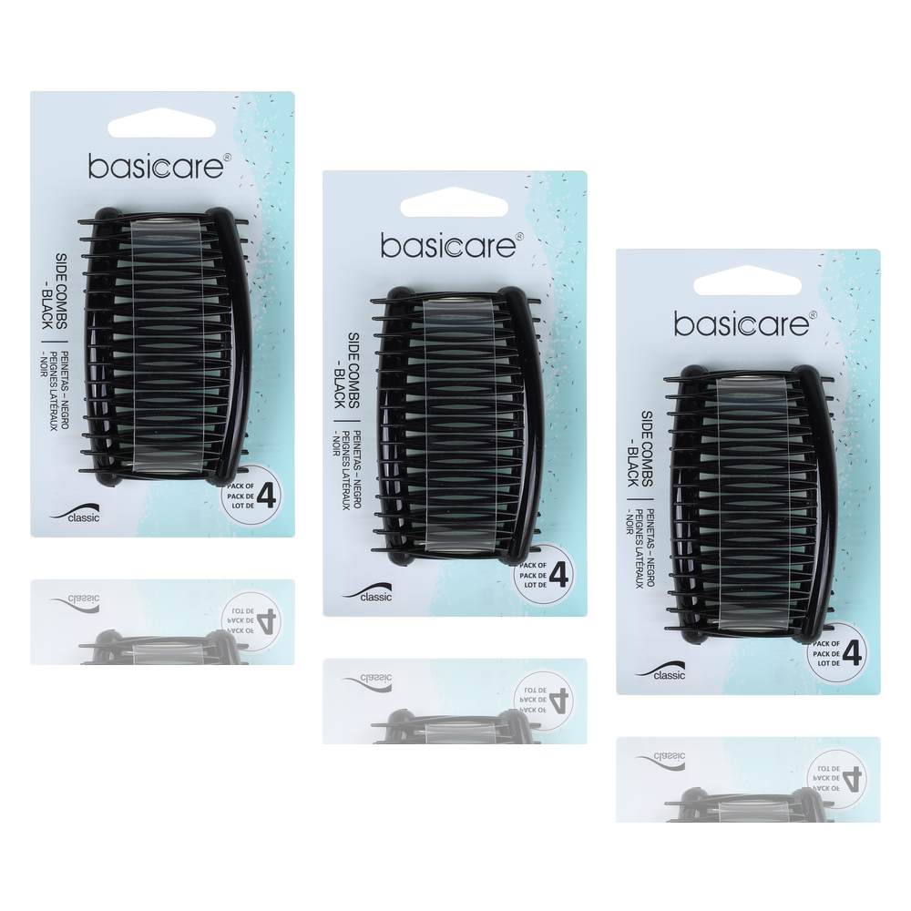 Basicare Side Comb 3 Pack Black Strong Hold Durable Hair Styling Combs