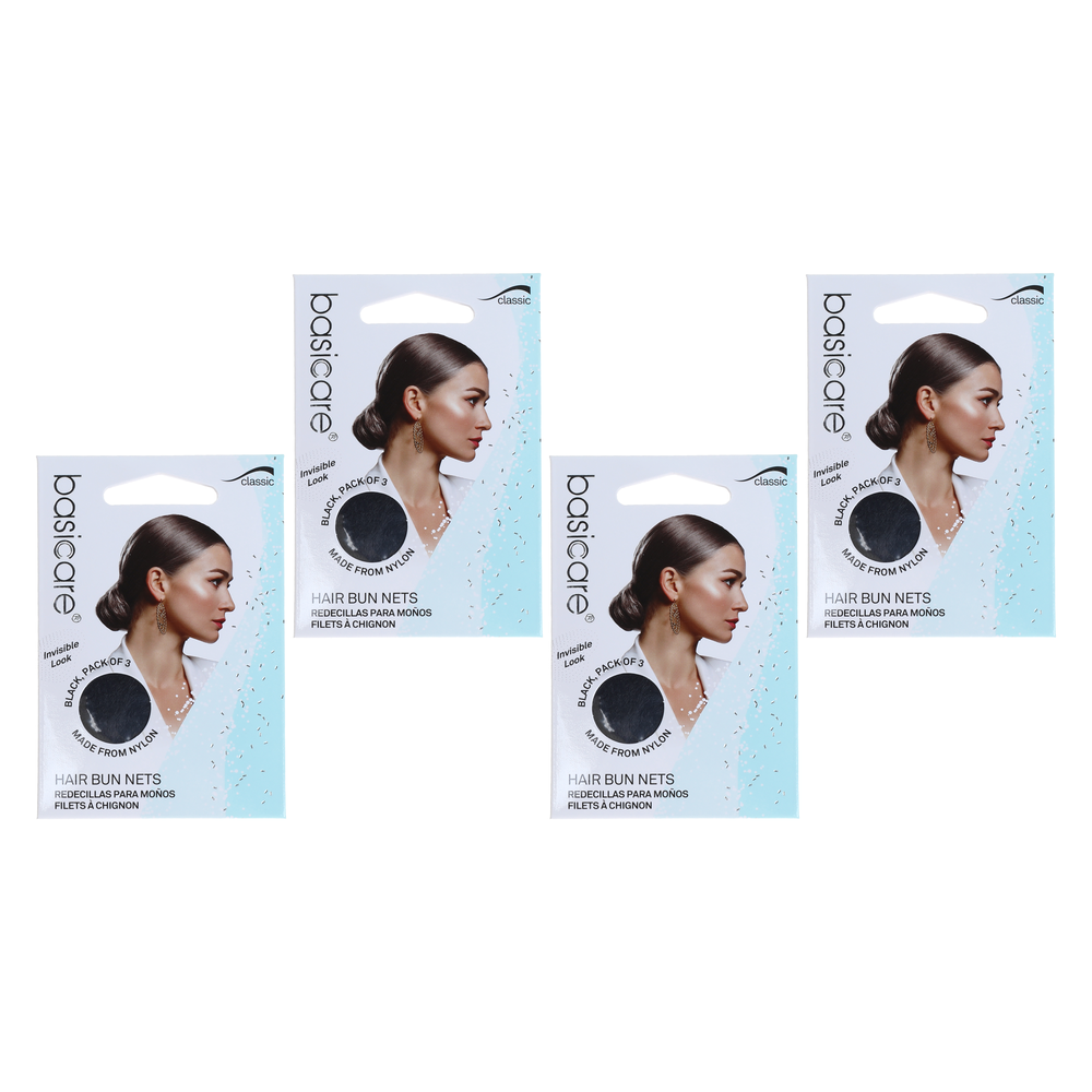 Basicare Invisible Nylon Bun Net Black 3 Pack Bundle of 4