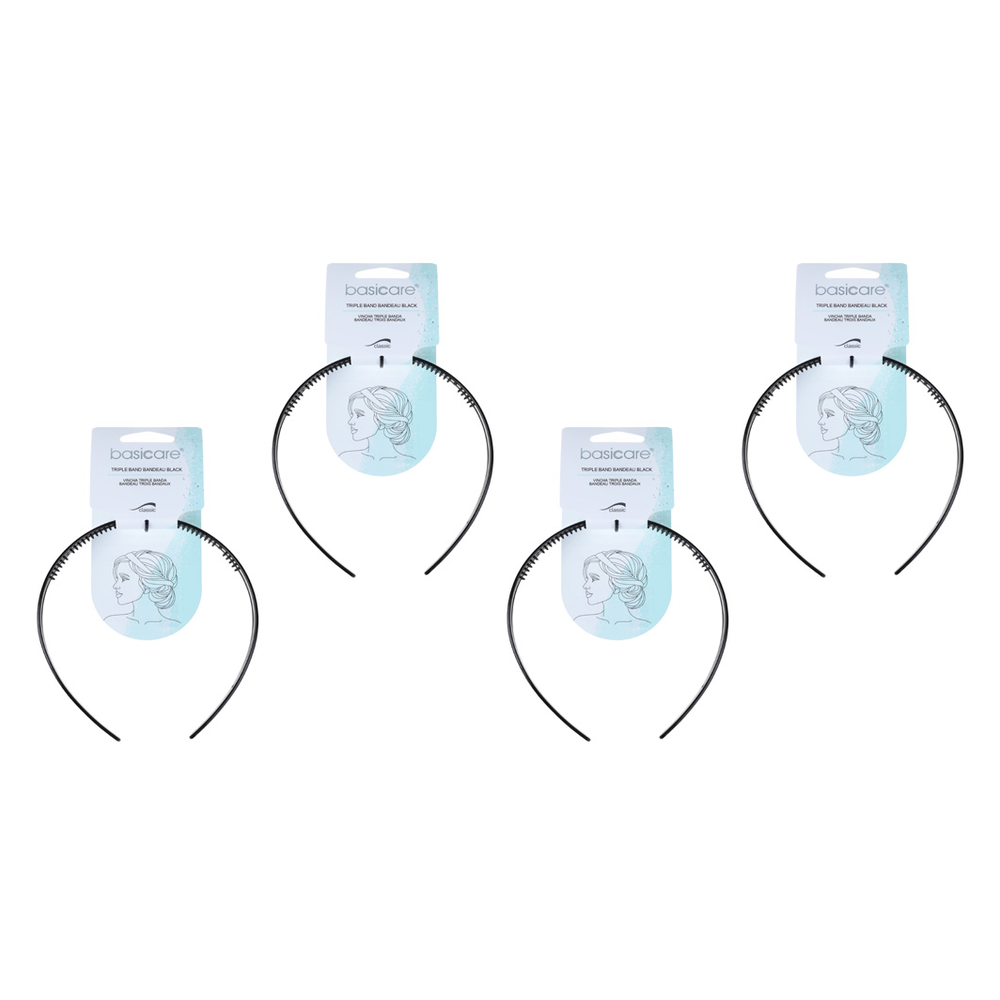 Basicare 4 Pack Triple Band Black Headband Bandeau for Secure Stylish Hold