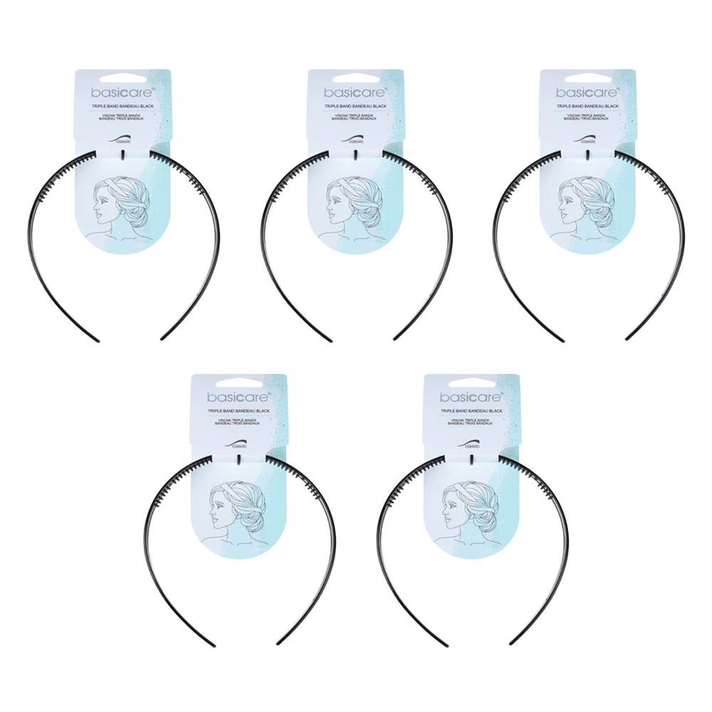 Basicare Triple Band Black Headband Bundle 5 Pack Secure Stylish Hair Hold
