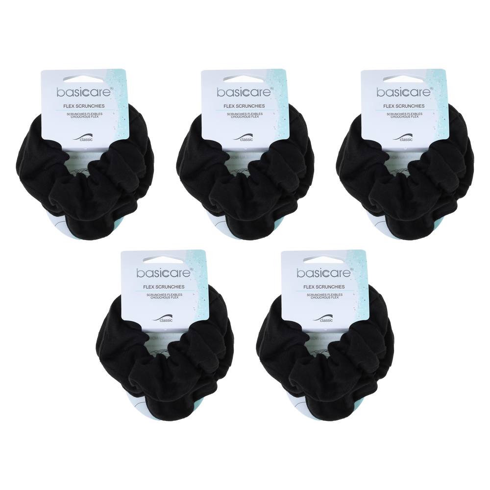 Basicare Soft Flex Large Black Scrunchies 5 Pack Comfortable Secure Hold