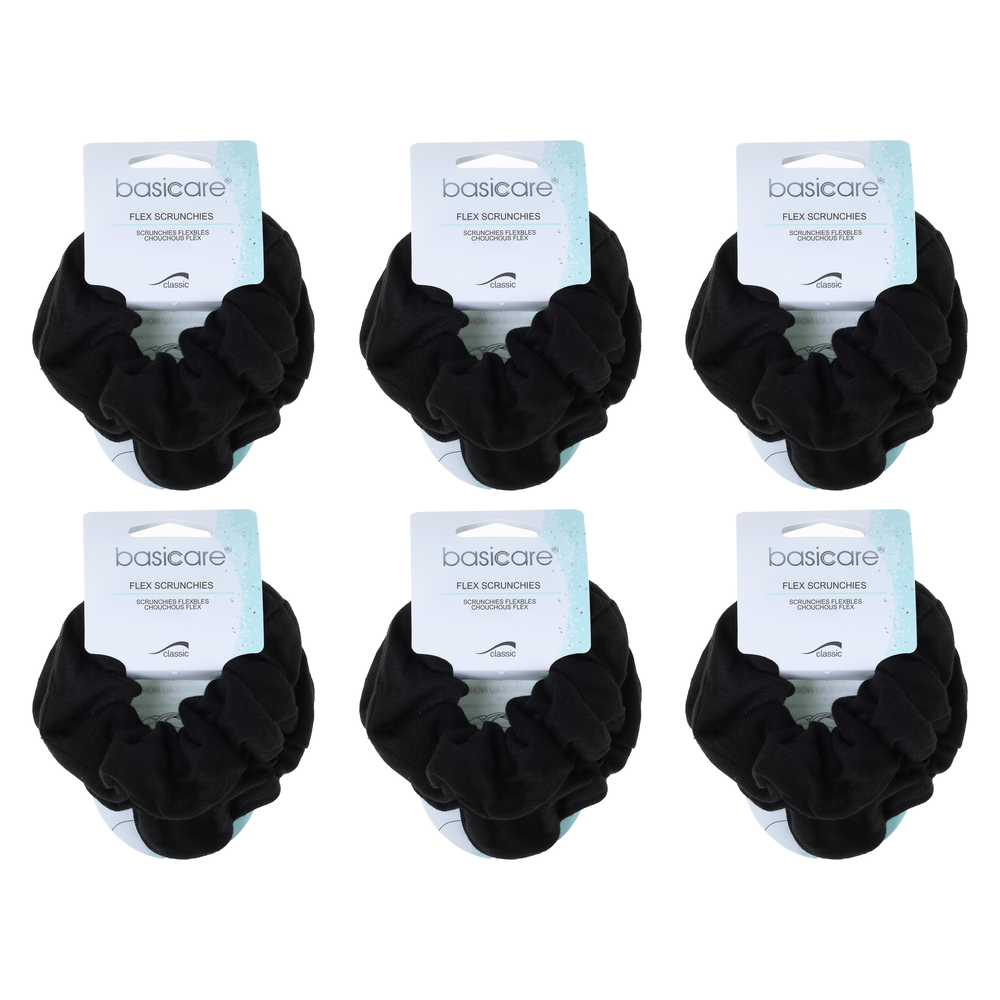 Basicare Soft Flex Large Black Scrunchies 6 Pack Comfortable Secure Hold