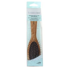 Basicare Wooden Oval Hairbrush with Small Metal Pins for Smooth Styling