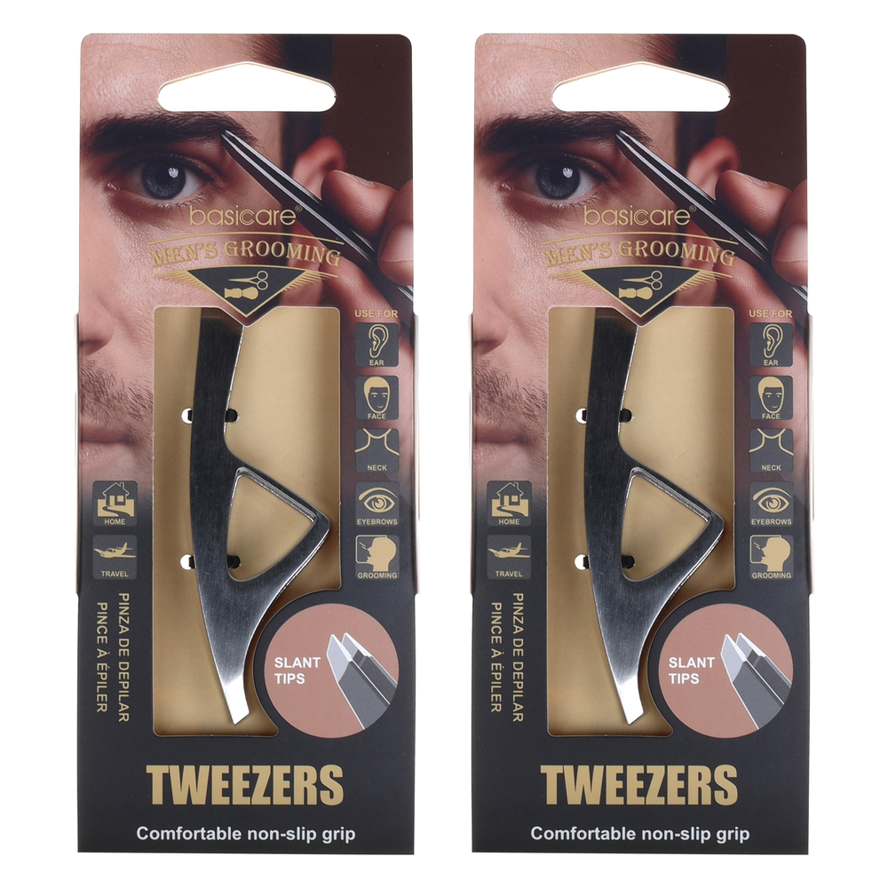 Basicare Mens Slant Tip Tweezers 2 Pack Precision Grooming Bundle