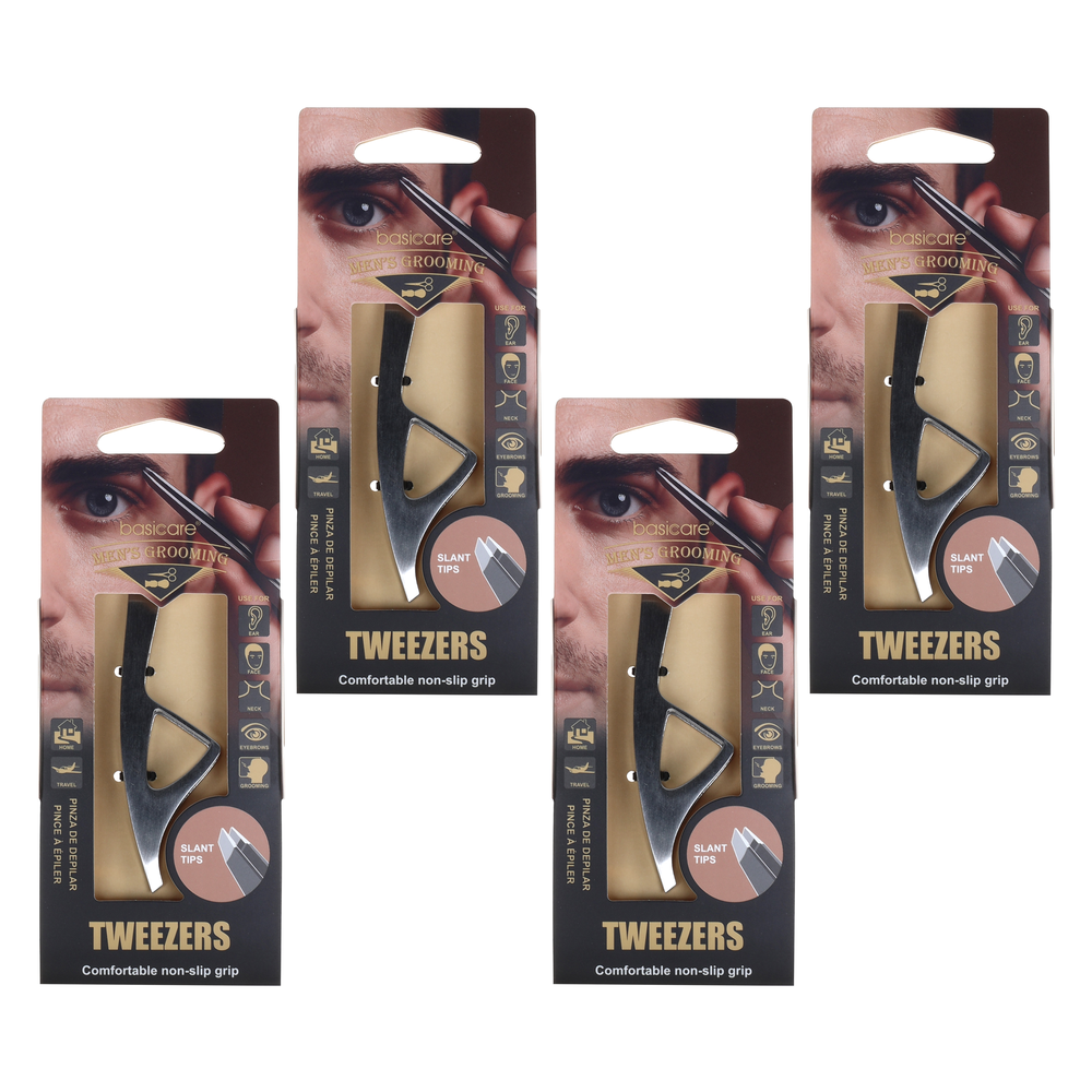 Basicare Mens Slant Tip Tweezers Bundle of 4 Precision Grooming Tool