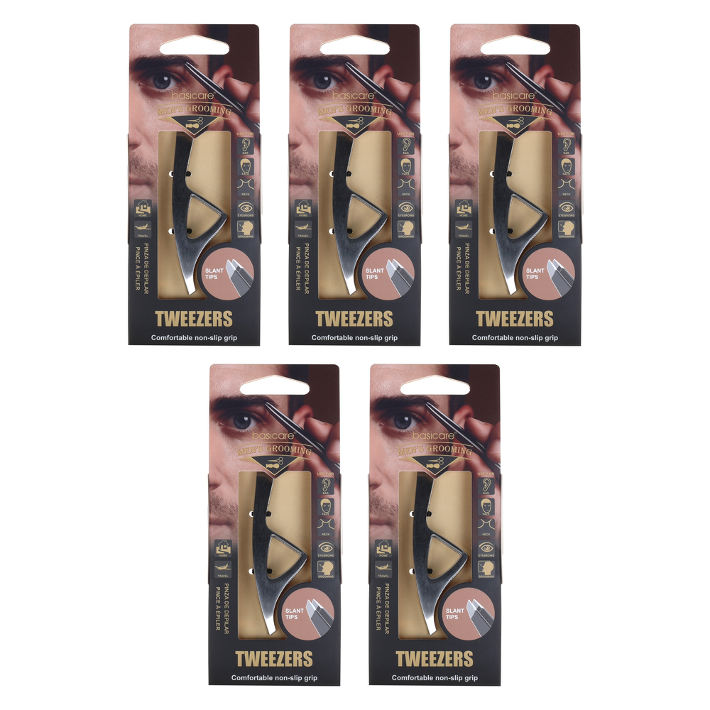 Basicare Mens Slant Tip Tweezers 5 Pack Precision Grooming Bundle
