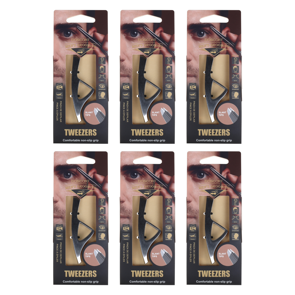 Basicare Mens Slant Tip Tweezers Bundle of 6 Precision Grooming Tools