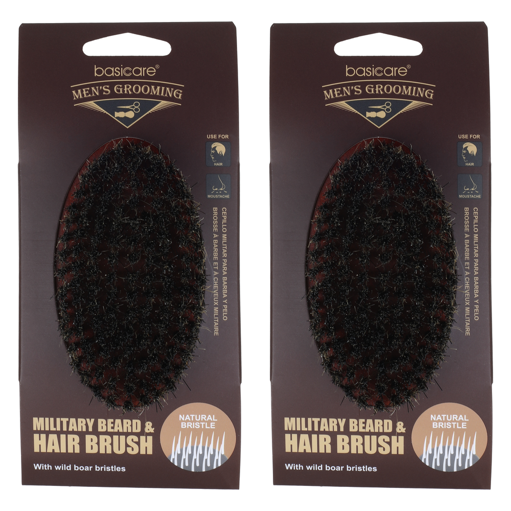 Basicare Military Beard and Hair Brush Pack of 2 Firm Natural Boar Bristles
