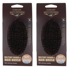 Basicare Military Beard and Hair Brush Pack of 2 Firm Natural Boar Bristles