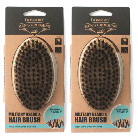 Basicare Military Beard and Hair Brush Pack of 2 Firm Natural Boar Bristles