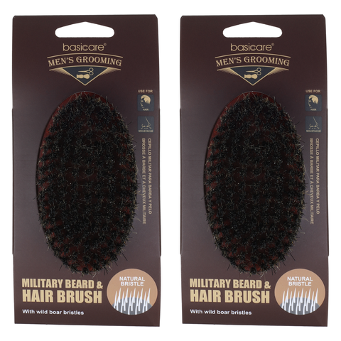 Basicare Military Beard and Hair Brush Pack of 2 Firm Natural Boar Bristles