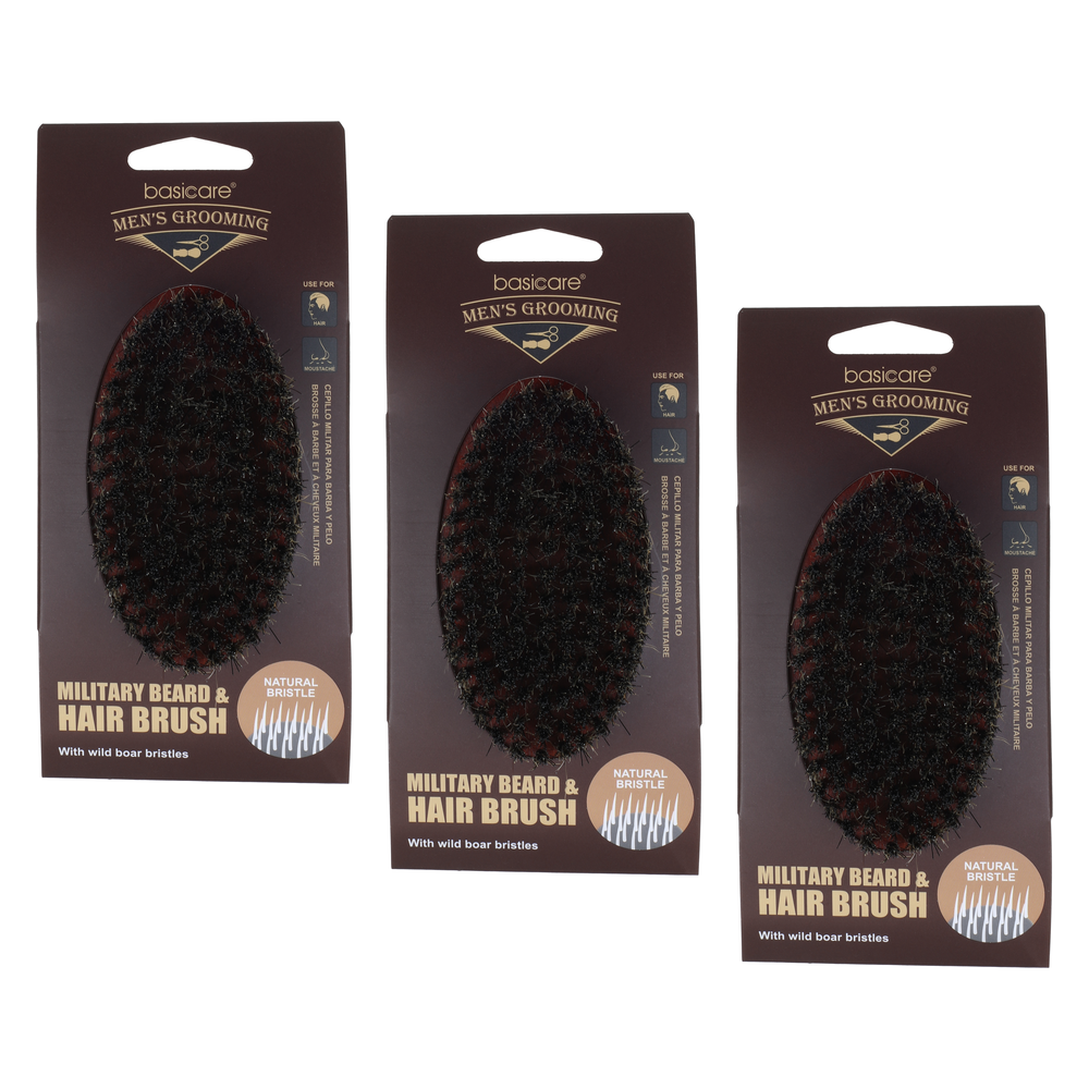 Basicare Military Beard and Hair Brush Bundle of 3 Firm Natural Boar Bristles