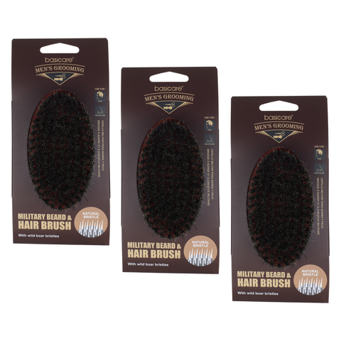 Basicare Military Beard and Hair Brush Bundle of 3 Firm Natural Boar Bristles