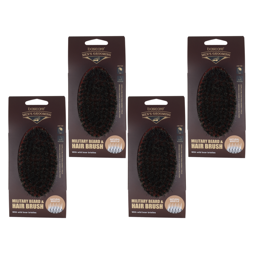Basicare Military Beard and Hair Brush 4 Pack Firm Natural Boar Bristles