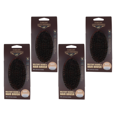Basicare Military Beard and Hair Brush 4 Pack Firm Natural Boar Bristles