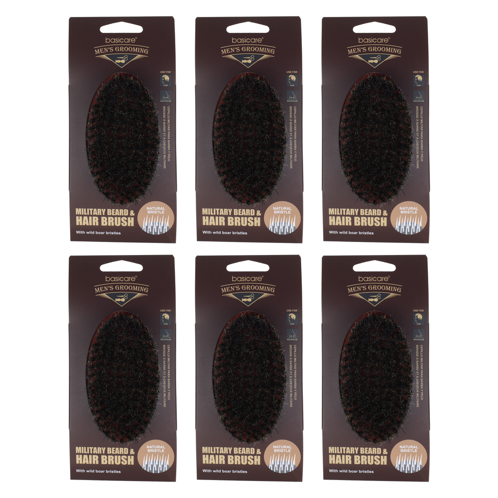 Basicare Military Beard and Hair Brush 6 Pack Firm Natural Boar Bristles