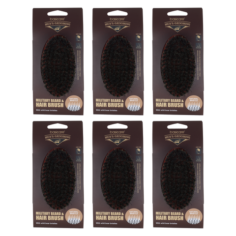 Basicare Military Beard and Hair Brush 6 Pack Firm Natural Boar Bristles