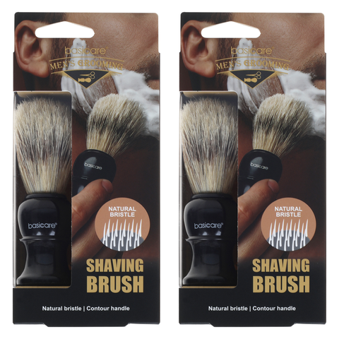 Basicare Mens Shaving Brush Natural Bristles Ergonomic Contour Handle x2