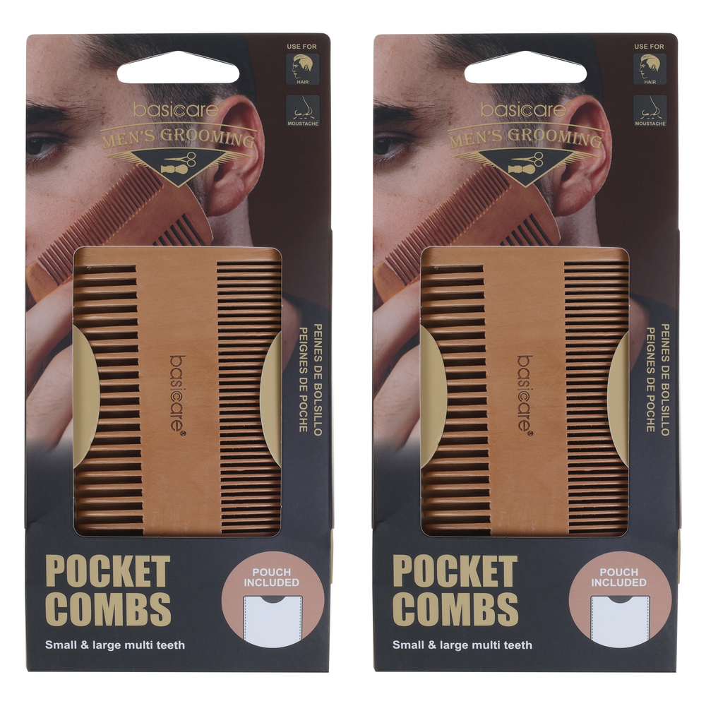 Basicare Pocket Combs with Pouch Multi Teeth Small and Large Handmade x 2