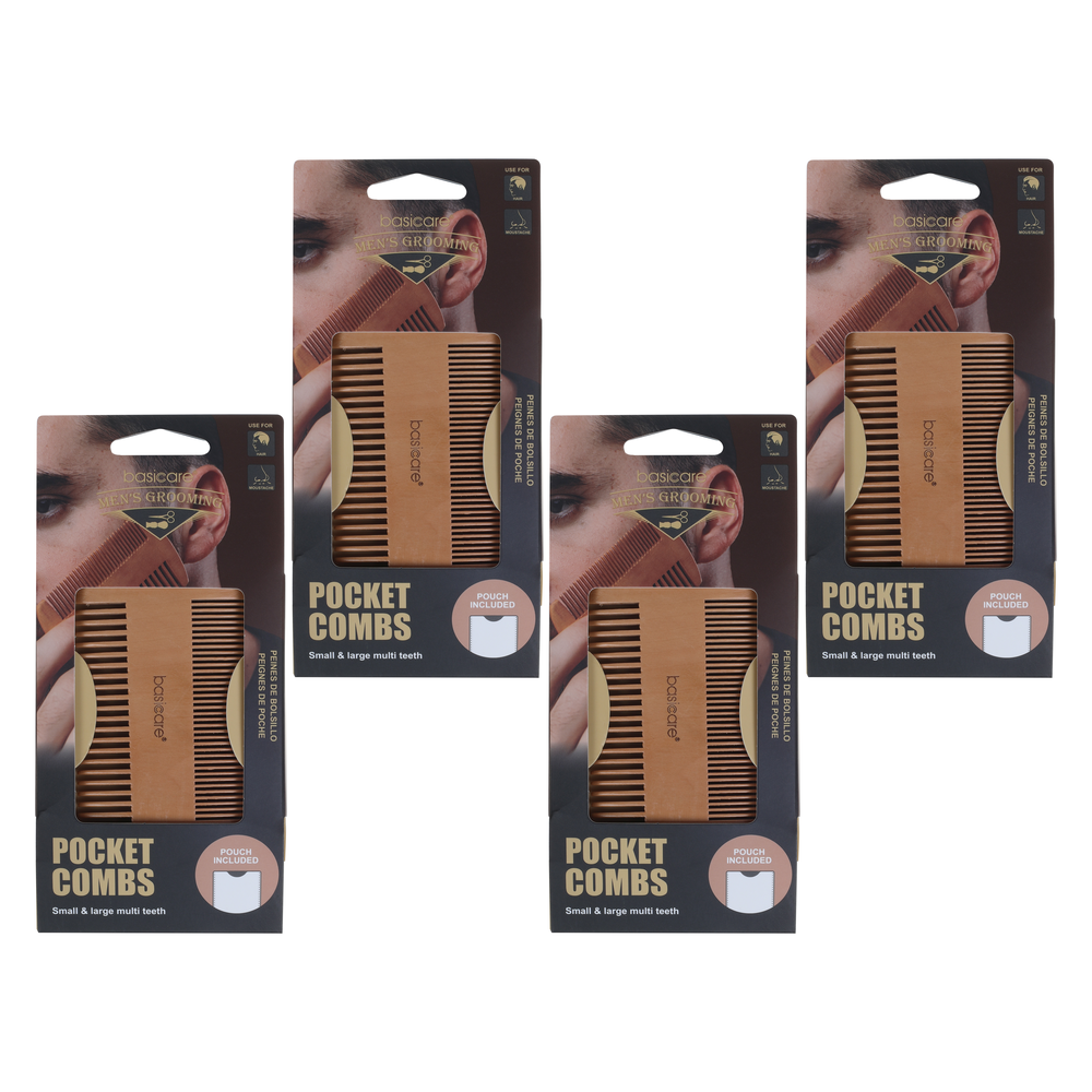 Basicare Pocket Combs 4 Pack Small and Large Handmade with Pouch