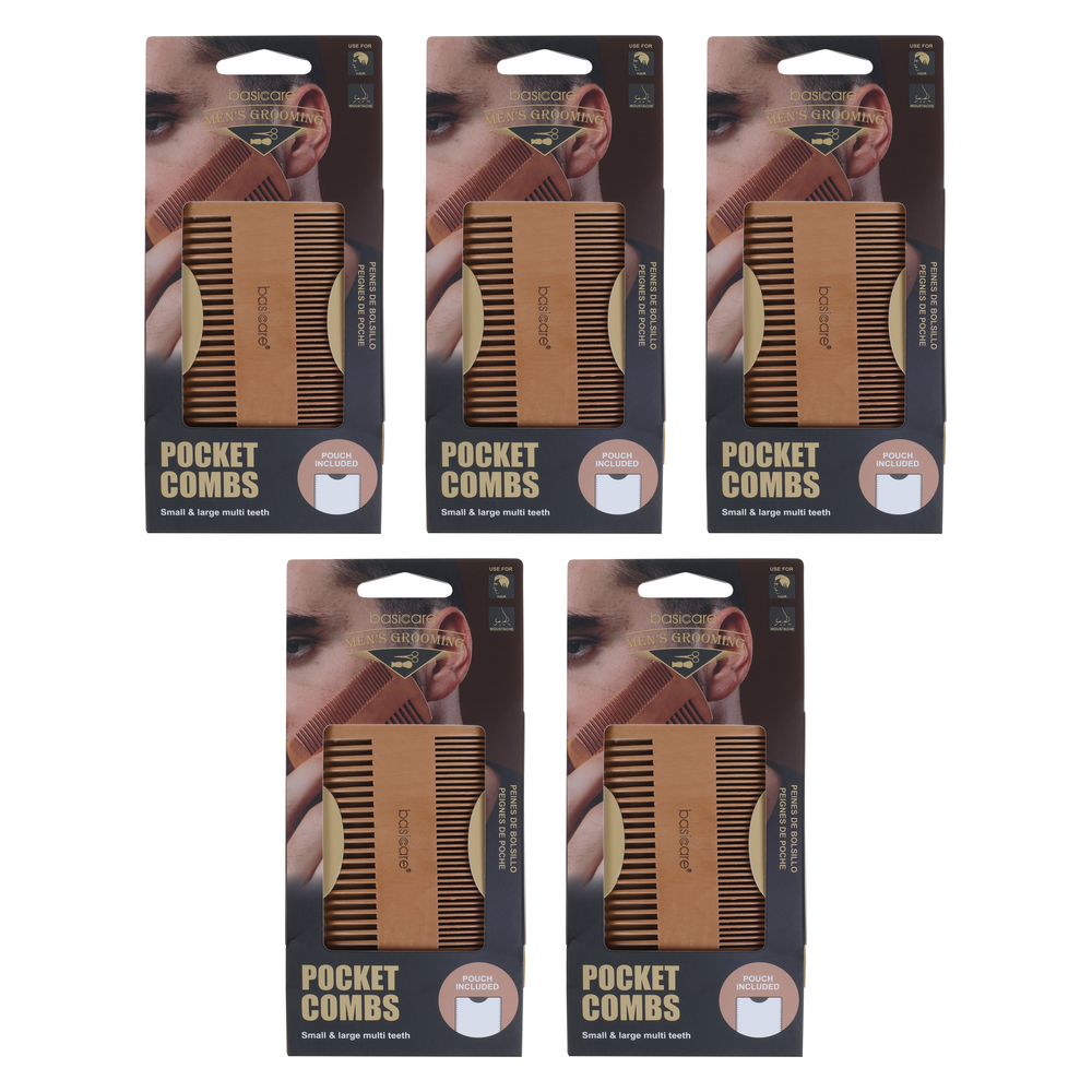 Basicare Pocket Comb Bundle of 5 Quantity Small and Large Handmade with Pouch