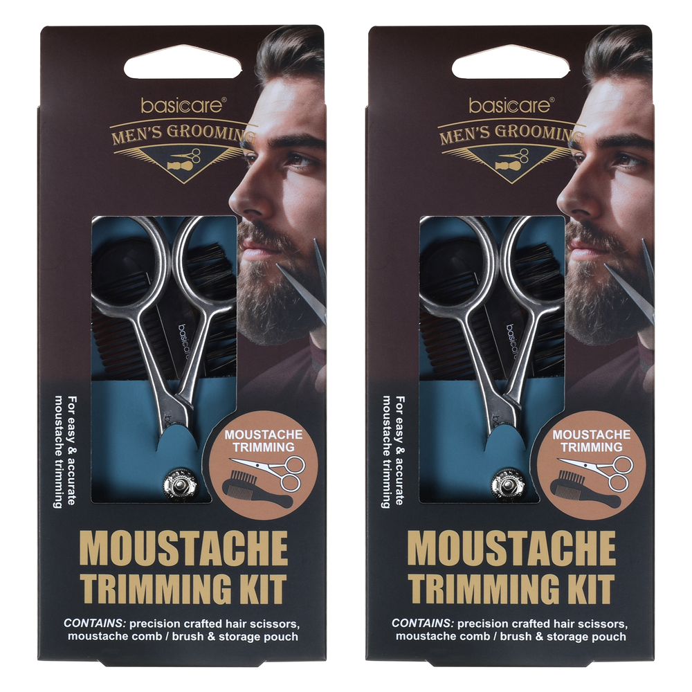 Basicare Mens Moustache Trimming Kit 2 Pack Scissors Comb Brush Pouch
