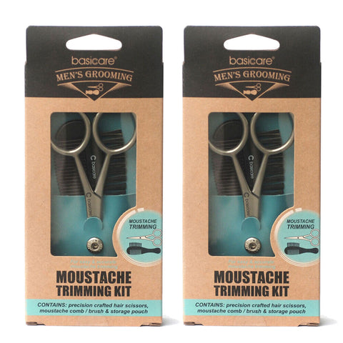 Basicare Mens Moustache Trimming Kit 2 Pack Scissors Comb Brush Pouch