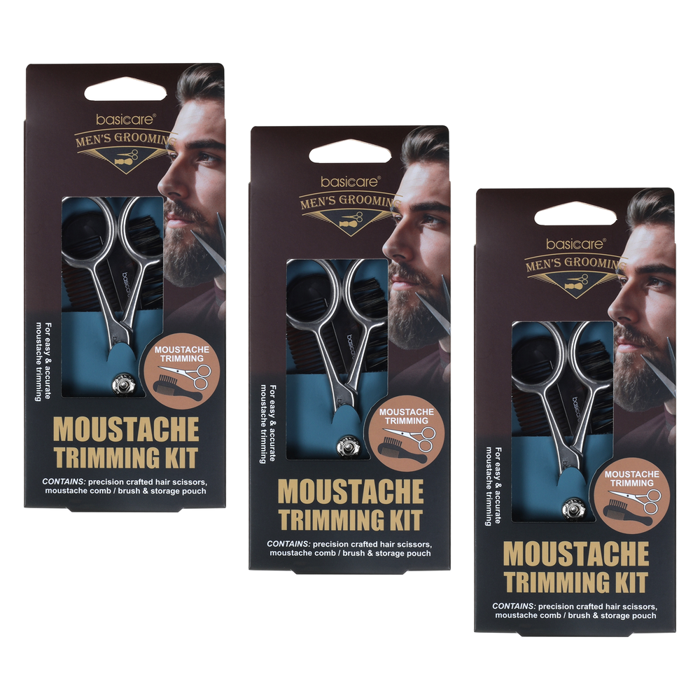 Basicare Mens Moustache Trimming Kit Bundle 3 Pack Scissors Comb Brush Pouch