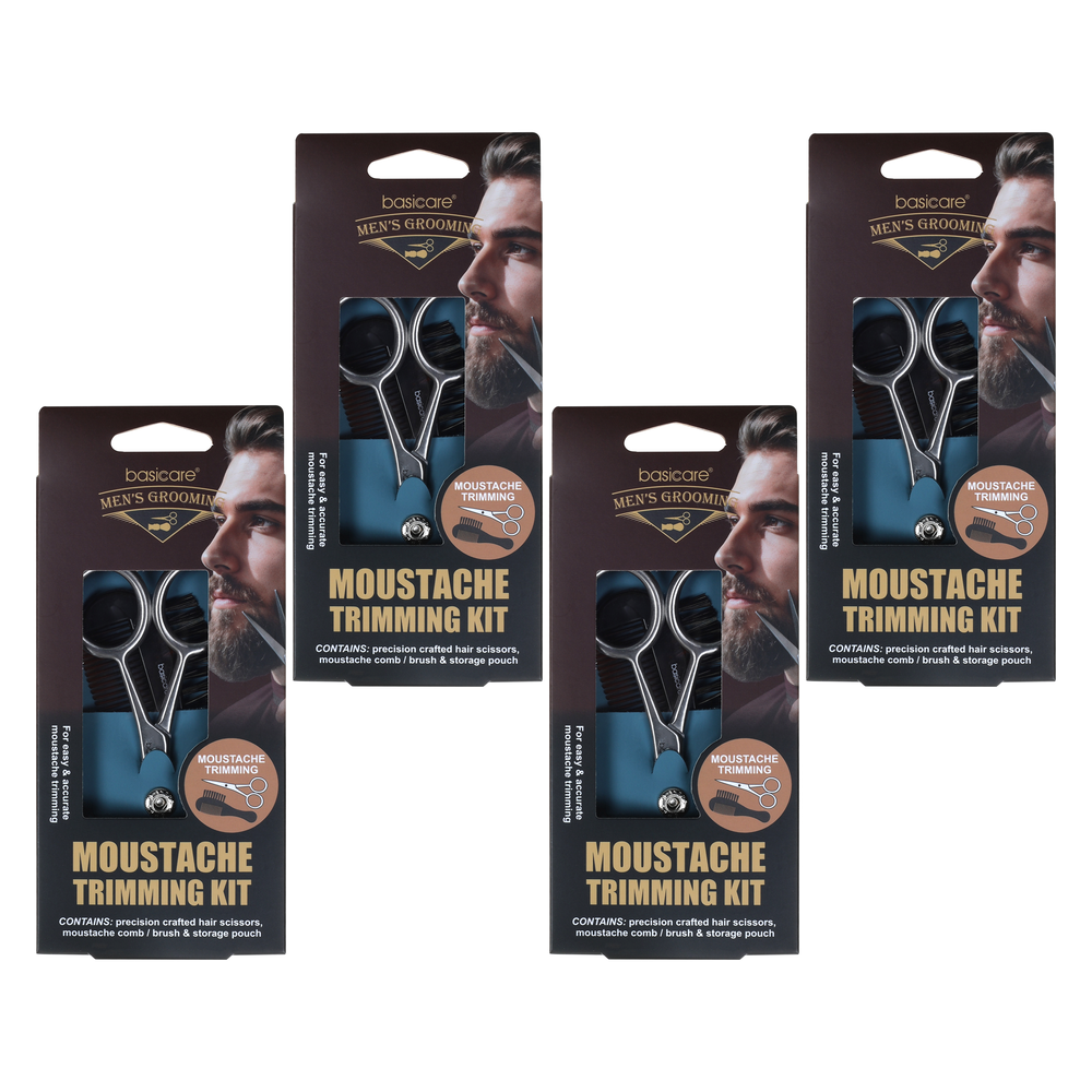 Basicare Mens Moustache Trimming Kit Bundle of 4 with Scissors Comb Brush Pouch