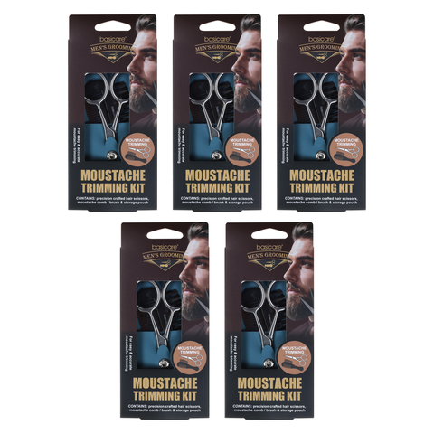 Basicare Mens Moustache Trimming Kit 5 Pack Scissors Comb Brush Pouch