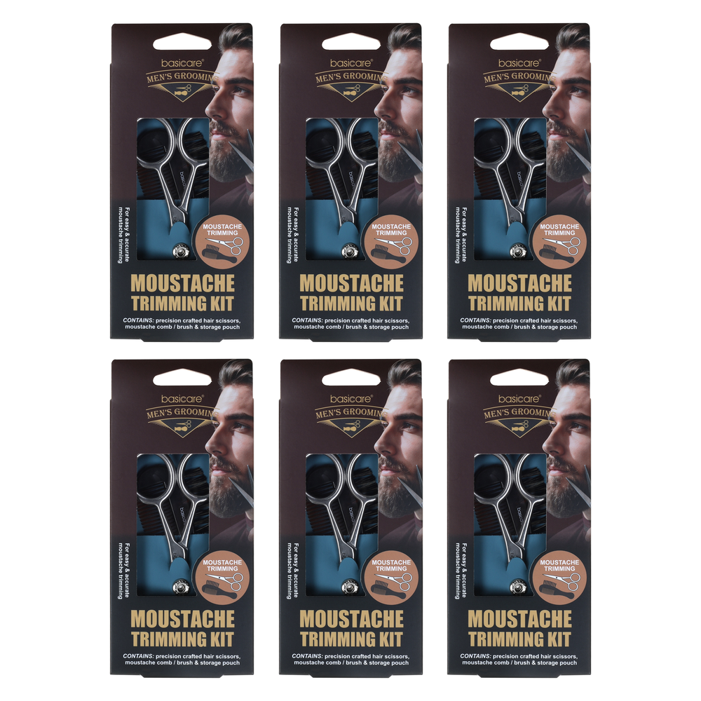 Basicare Mens Moustache Trimming Kit Bundle of 6 Scissors Comb Brush Pouch
