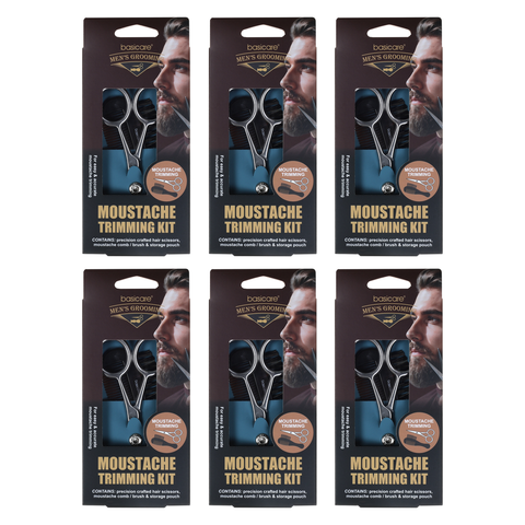 Basicare Mens Moustache Trimming Kit Bundle of 6 Scissors Comb Brush Pouch
