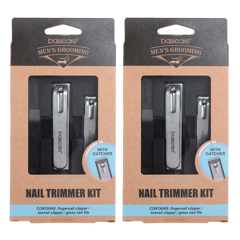 Basicare Mens Manicure Set Nail Clippers with Catcher and Glass File Kit x 2