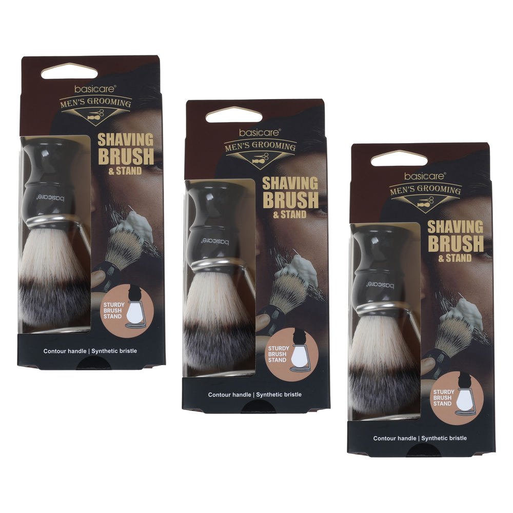 Basicare Mens Shaving Brush and Stand Set Bundle of 3