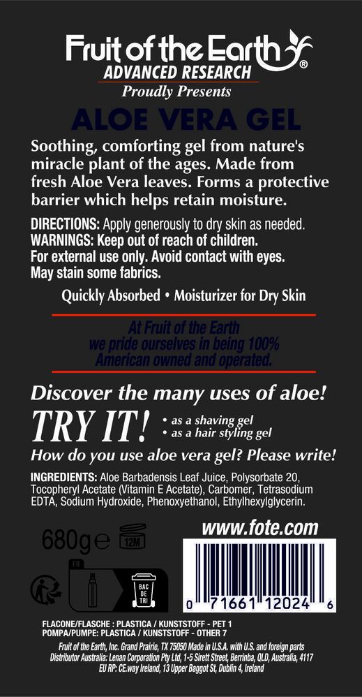 Fruit Of The Earth Aloe Vera Gel Moisturising Skin Care 680g with pump