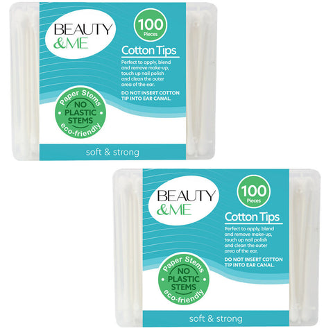 Beauty & Me Paper Stem Cotton Tips 2 x 100 Pack Eco Friendly Soft Strong
